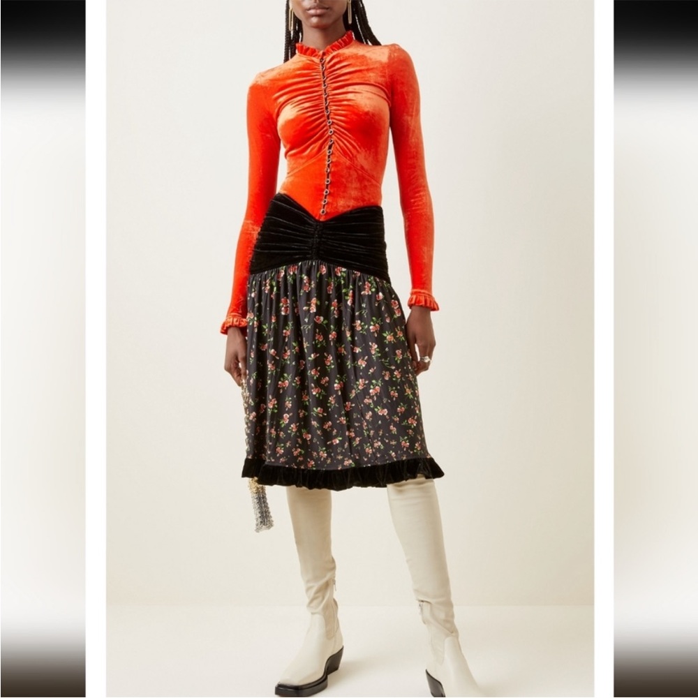 Paco Rabanne Mixed Media Drop Waist Velvet Floral Midi Dress size 44 NWOT